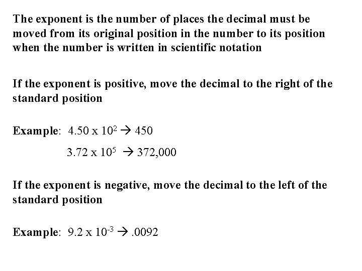 The exponent is the number of places the decimal must be moved from its