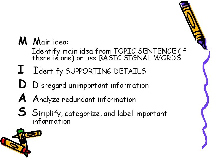 M Main idea: I D A S Identify main idea from TOPIC SENTENCE (if