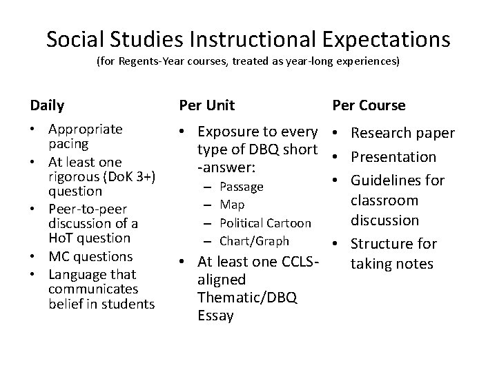Social Studies Instructional Expectations (for Regents-Year courses, treated as year-long experiences) Daily Per Unit