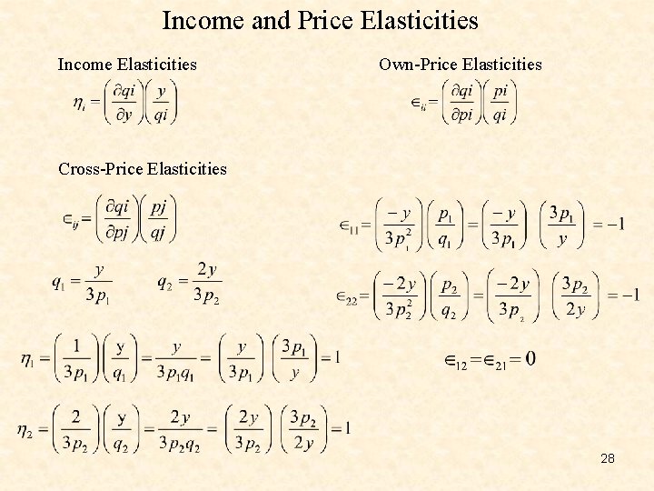 Income and Price Elasticities Income Elasticities Own-Price Elasticities Cross-Price Elasticities 28 