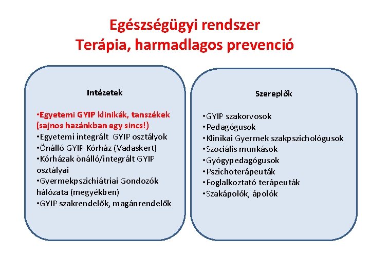 Egészségügyi rendszer Terápia, harmadlagos prevenció Intézetek Szereplők • Egyetemi GYIP klinikák, tanszékek (sajnos hazánkban