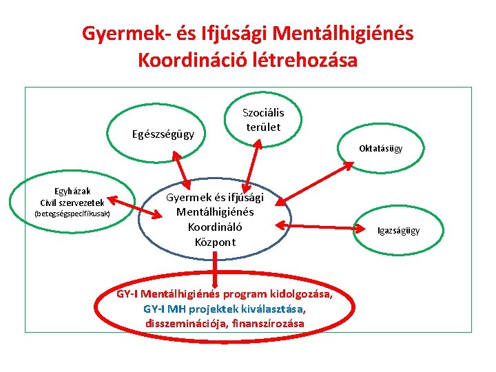 Gyermek- és Ifjúsági Mentálhigiénés Koordináció létrehozása Egészségügy Szociális terület Oktatásügy Egyházak Civil szervezetek (betegségspecifikusak)