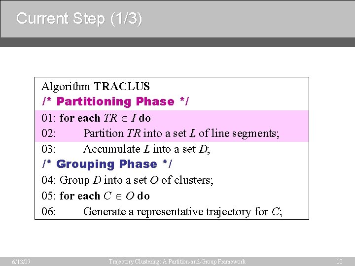 Current Step (1/3) Algorithm TRACLUS /* Partitioning Phase */ 01: for each TR I