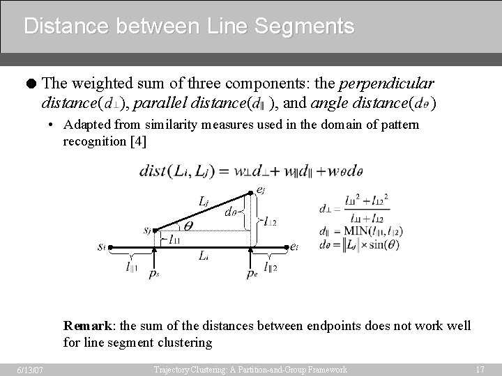 Distance between Line Segments = The weighted sum of three components: the perpendicular distance(