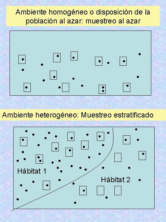 Ambiente homogéneo o disposición de la población al azar: muestreo al azar Ambiente heterogéneo: