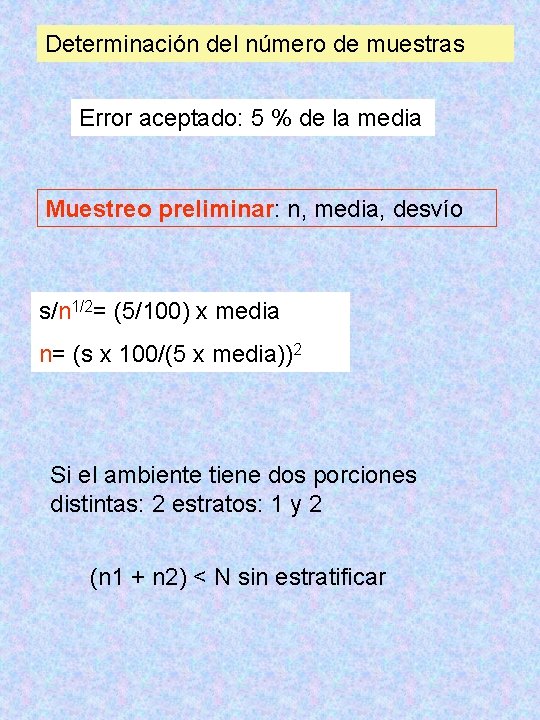 Determinación del número de muestras Error aceptado: 5 % de la media Muestreo preliminar: