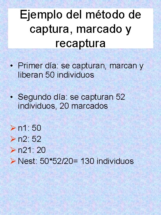 Ejemplo del método de captura, marcado y recaptura • Primer día: se capturan, marcan