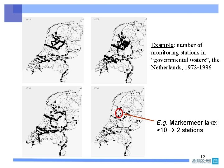 Example: number of monitoring stations in “governmental waters”, the Netherlands, 1972 -1996 E. g.