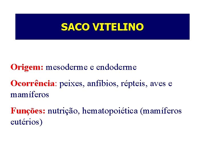 SACO VITELINO Origem: mesoderme e endoderme Ocorrência: peixes, anfíbios, répteis, aves e mamíferos Funções: