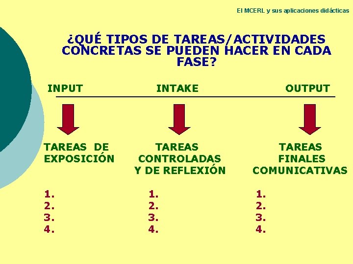 El MCERL y sus aplicaciones didácticas ¿QUÉ TIPOS DE TAREAS/ACTIVIDADES CONCRETAS SE PUEDEN HACER El MCERL y sus aplicaciones didácticas ¿QUÉ TIPOS DE TAREAS/ACTIVIDADES CONCRETAS SE PUEDEN HACER