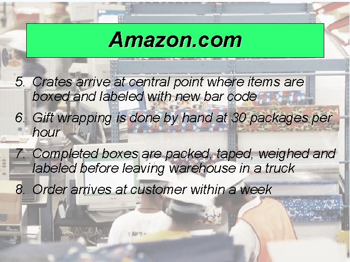 Amazon. com 5. Crates arrive at central point where items are boxed and labeled Amazon. com 5. Crates arrive at central point where items are boxed and labeled