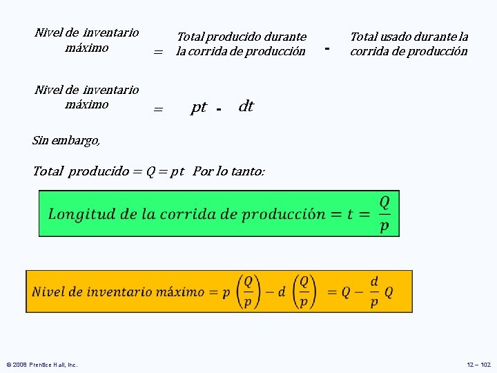 Nivel de inventario máximo Total producido durante = la corrida de producción Nivel de Nivel de inventario máximo Total producido durante = la corrida de producción Nivel de