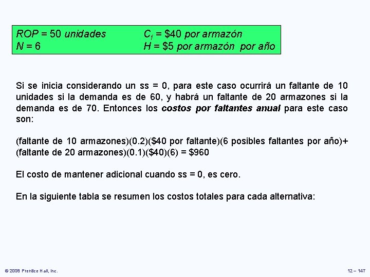 ROP = 50 unidades N = 6 Cf = $40 por armazón H = ROP = 50 unidades N = 6 Cf = $40 por armazón H =