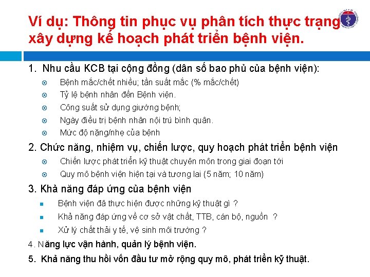 Ví dụ: Thông tin phục vụ phân tích thực trạng xây dựng kế hoạch