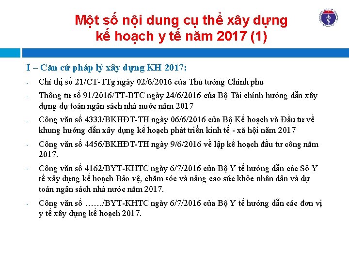 Một số nội dung cụ thể xây dựng kế hoạch y tế năm 2017