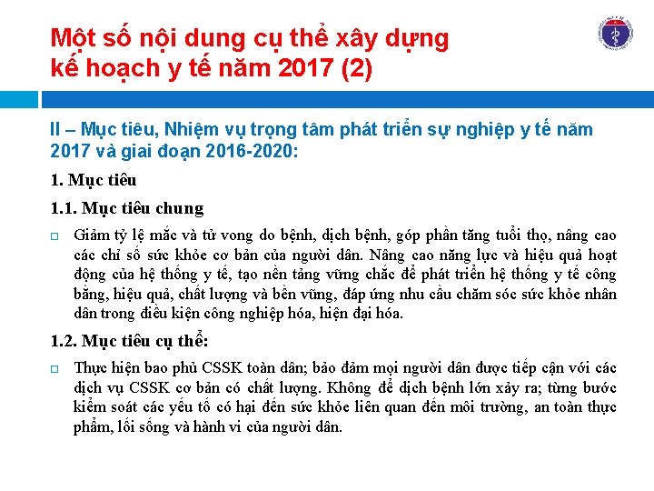 Một số nội dung cụ thể xây dựng kế hoạch y tế năm 2017