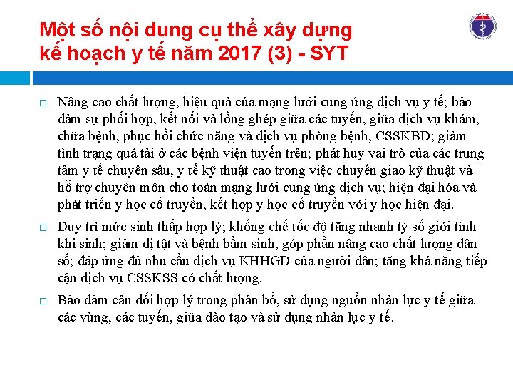 Một số nội dung cụ thể xây dựng kế hoạch y tế năm 2017