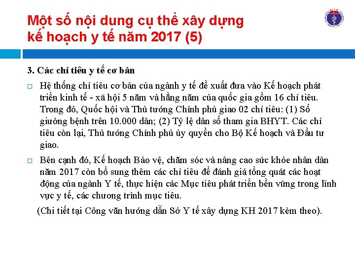 Một số nội dung cụ thể xây dựng kế hoạch y tế năm 2017