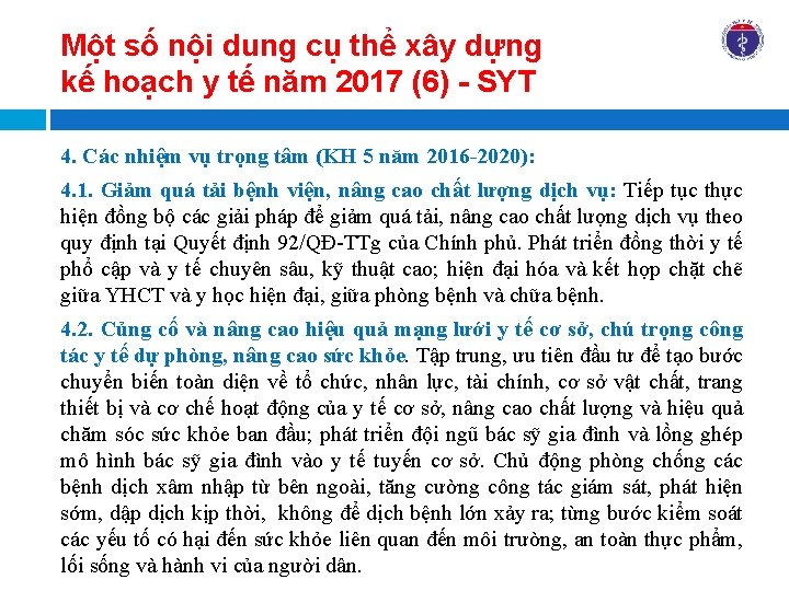 Một số nội dung cụ thể xây dựng kế hoạch y tế năm 2017