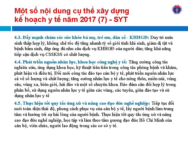 Một số nội dung cụ thể xây dựng kế hoạch y tế năm 2017