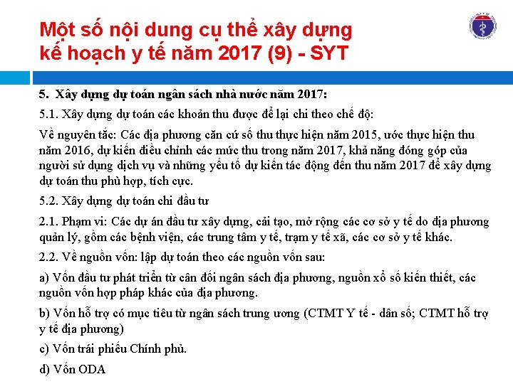 Một số nội dung cụ thể xây dựng kế hoạch y tế năm 2017