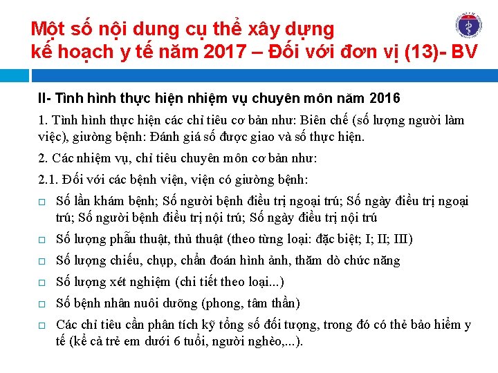 Một số nội dung cụ thể xây dựng kế hoạch y tế năm 2017