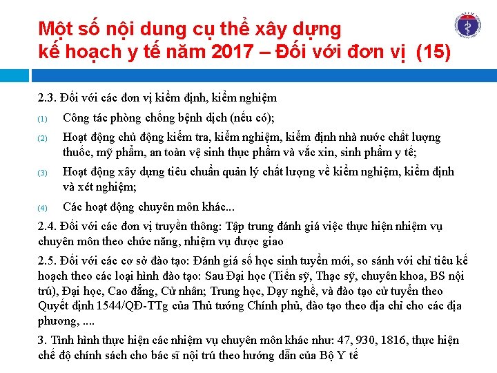 Một số nội dung cụ thể xây dựng kế hoạch y tế năm 2017