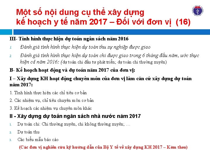 Một số nội dung cụ thể xây dựng kế hoạch y tế năm 2017