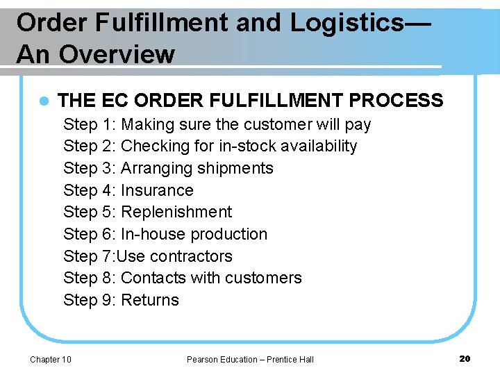 Order Fulfillment and Logistics— An Overview l THE EC ORDER FULFILLMENT PROCESS Step 1: