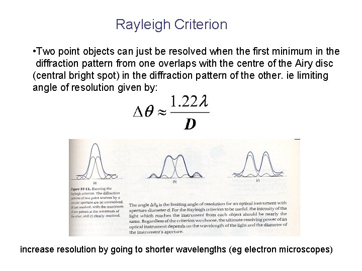 Rayleigh Criterion • Two point objects can just be resolved when the first minimum