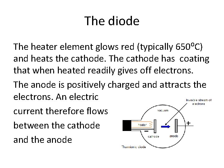 The diode The heater element glows red (typically 650⁰C) and heats the cathode. The