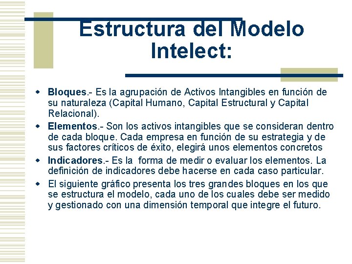 Estructura del Modelo Intelect: w Bloques. - Es la agrupación de Activos Intangibles en