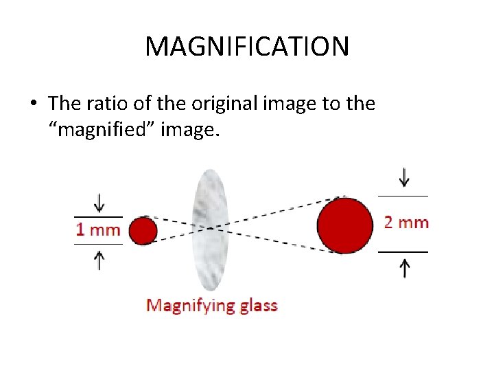 MAGNIFICATION • The ratio of the original image to the “magnified” image. 