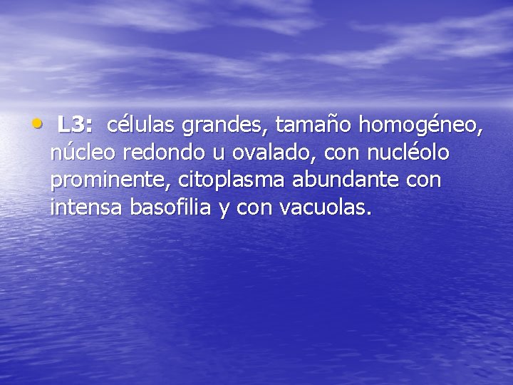  • L 3: células grandes, tamaño homogéneo, núcleo redondo u ovalado, con nucléolo