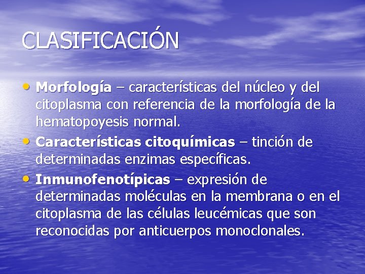 CLASIFICACIÓN • Morfología – características del núcleo y del • • citoplasma con referencia