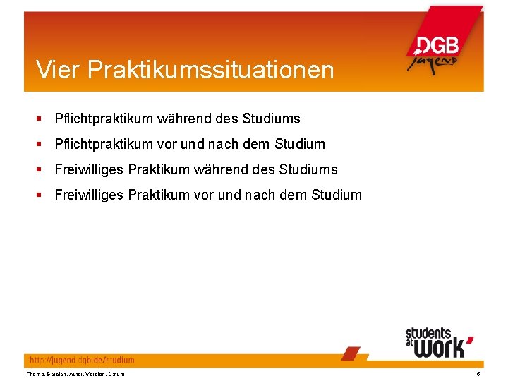 Vier Praktikumssituationen Pflichtpraktikum während des Studiums Pflichtpraktikum vor und nach dem Studium Freiwilliges Praktikum