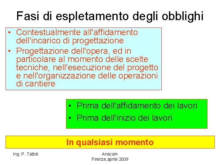 Fasi di espletamento degli obblighi • Contestualmente all'affidamento dell'incarico di progettazione • Progettazione dell'opera,