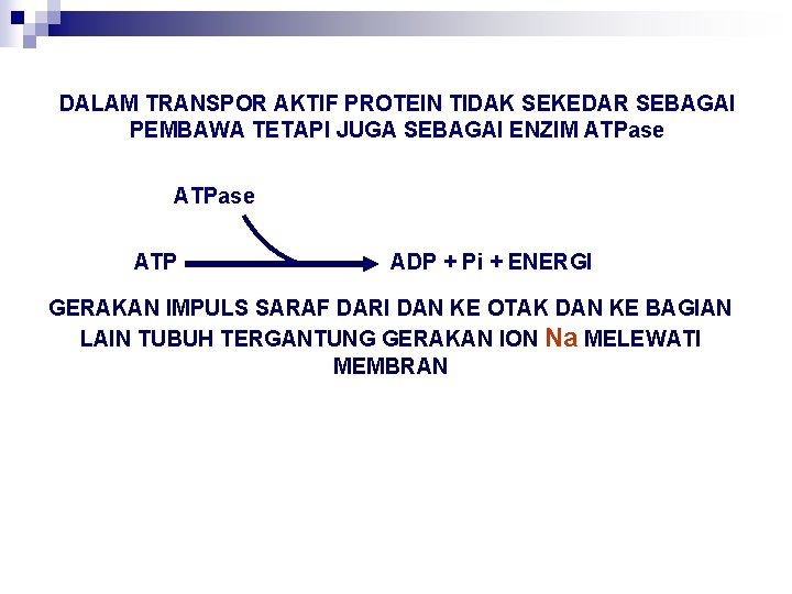 DALAM TRANSPOR AKTIF PROTEIN TIDAK SEKEDAR SEBAGAI PEMBAWA TETAPI JUGA SEBAGAI ENZIM ATPase ATP