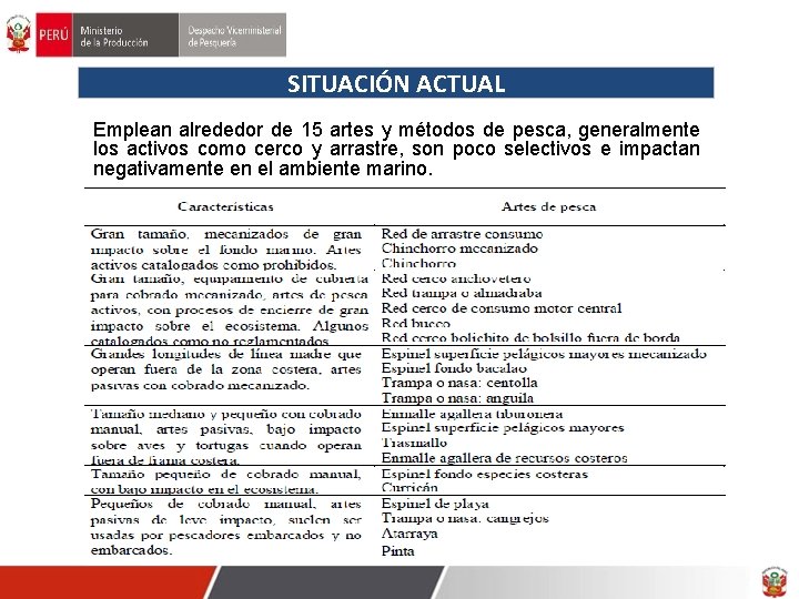 SITUACIÓN ACTUAL Emplean alrededor de 15 artes y métodos de pesca, generalmente los activos