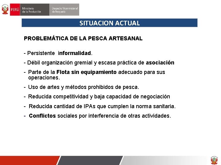 SITUACION ACTUAL PROBLEMÁTICA DE LA PESCA ARTESANAL - Persistente informalidad. - Débil organización gremial