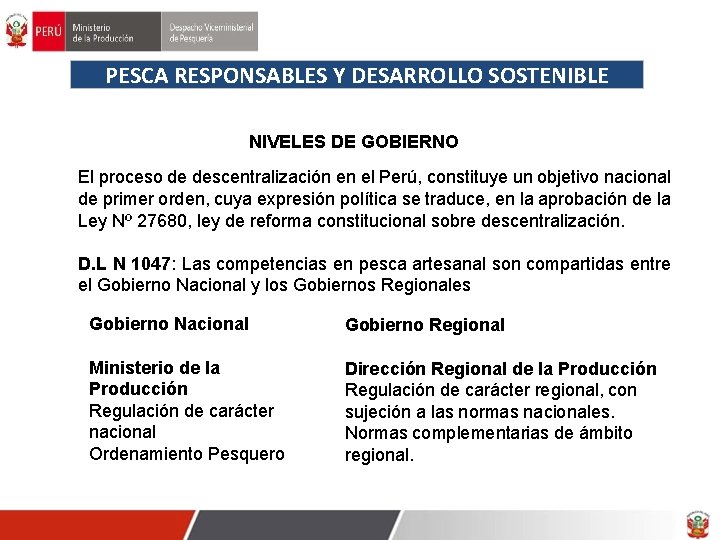 PESCA RESPONSABLES Y DESARROLLO SOSTENIBLE NIVELES DE GOBIERNO El proceso de descentralización en el