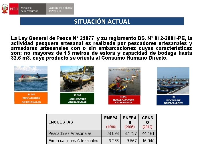 SITUACIÓN ACTUAL La Ley General de Pesca N° 25977 y su reglamento DS. N°