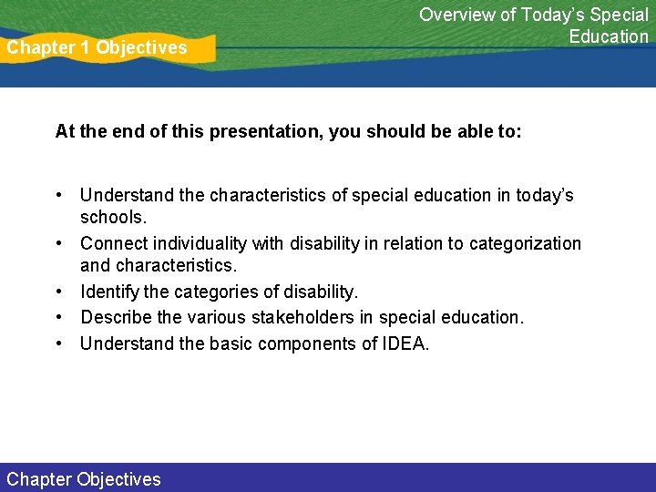 Chapter 1 Objectives Overview of Today’s Special Education At the end of this presentation,