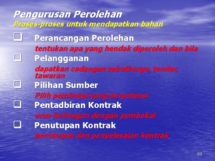 Pengurusan Perolehan Proses-proses untuk mendapatkan bahan q Perancangan Perolehan q Pelangganan q q q