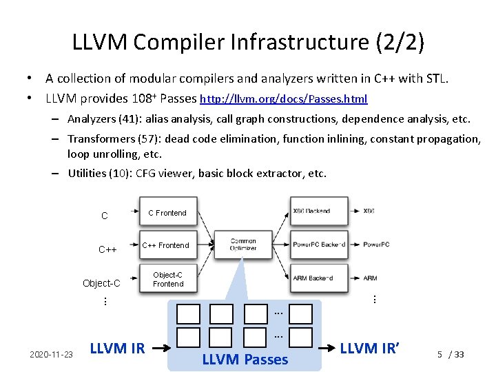LLVM Compiler Infrastructure (2/2) • A collection of modular compilers and analyzers written in