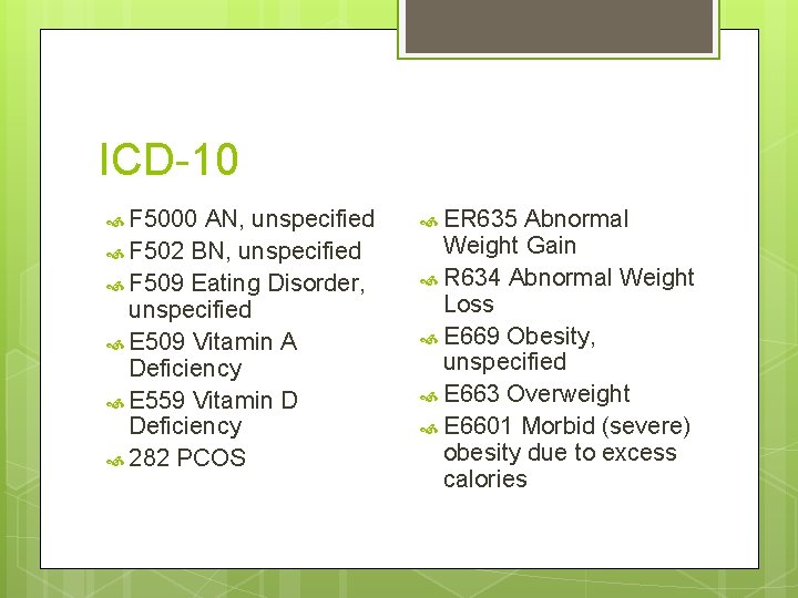 ICD-10 F 5000 AN, unspecified F 502 BN, unspecified F 509 Eating Disorder, unspecified