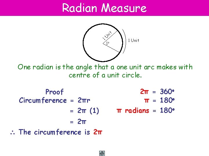 Radian Measure 1 t ni U 1 c 1 Unit One radian is the