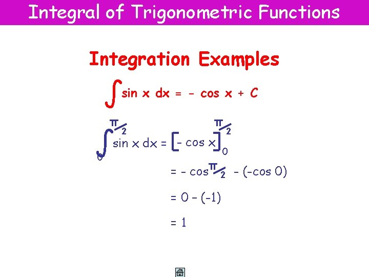 Integral of Trigonometric Functions Integration Examples ∫sin x dx = - cos x +