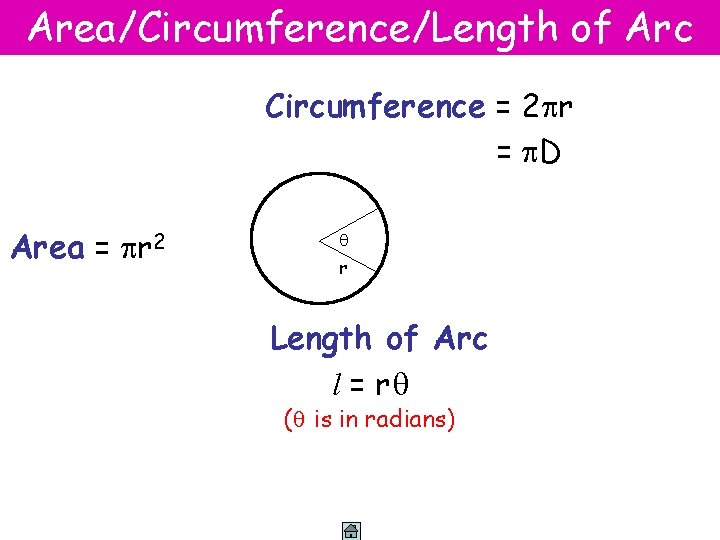Area/Circumference/Length of Arc Circumference = 2 r = D Area = r 2 r
