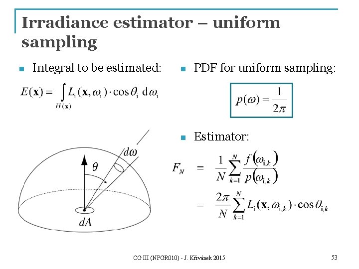 Irradiance estimator – uniform sampling n Integral to be estimated: n PDF for uniform